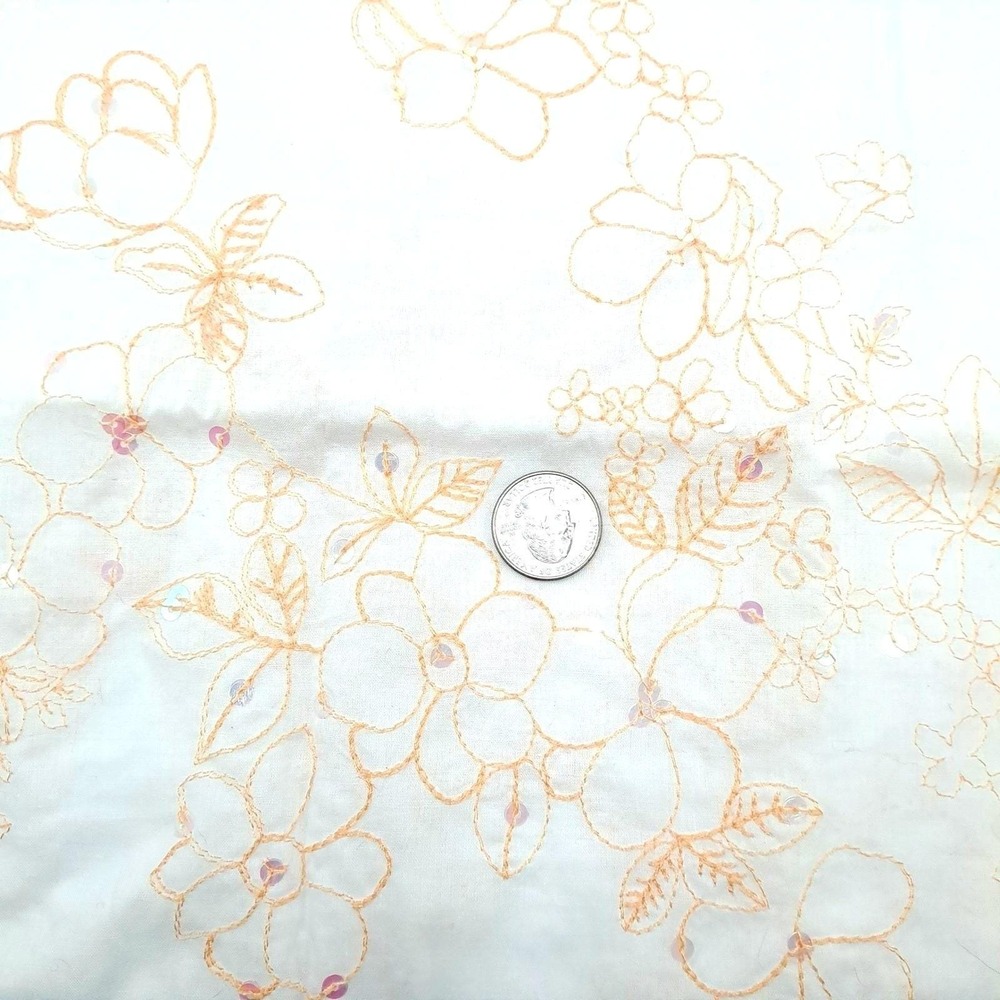 Vintage Embroidered Linen Fabric 1.6 yard White Peach Floral Sequins Lightweight